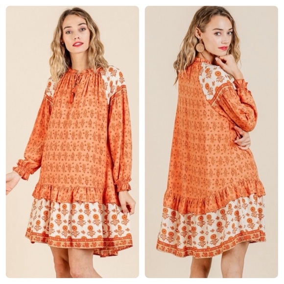 Umgee Dresses & Skirts - Umgee | Floral Long Puff Sleeve Keyhole Dress Ruffle Hem Tassel Tie Tiered Boho